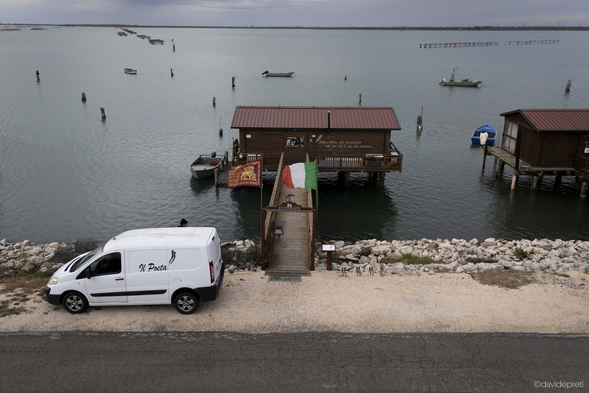 Scardovari Lagoon, Italy — December 4, 2024.

Massimo's cavana, seen from above, standing in the waters of the Sacca di Scardovari lagoon near Porto Tolle, northern Italy.
