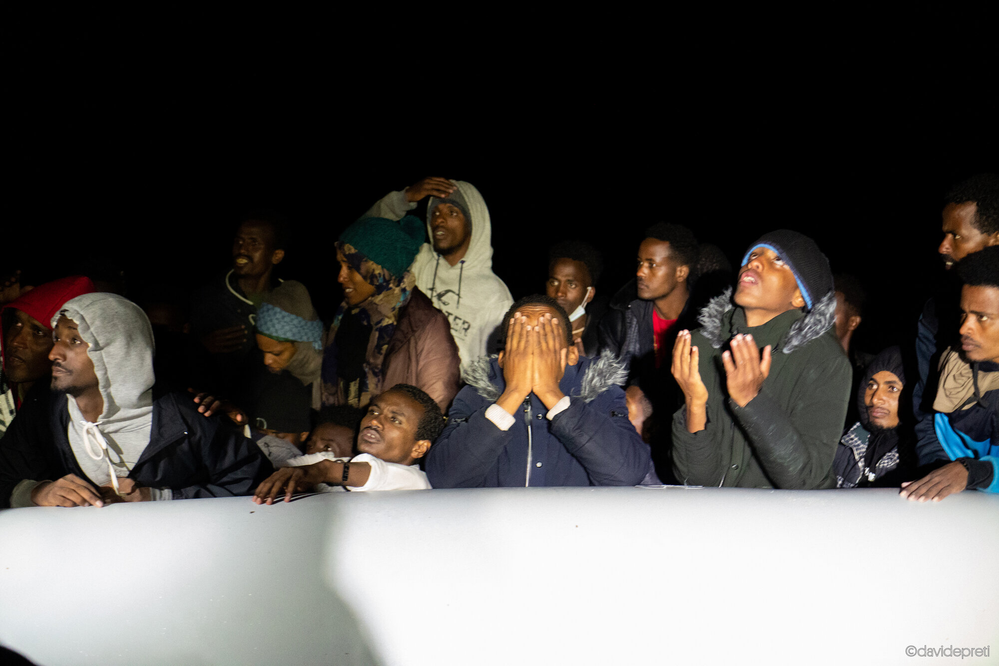 Central Mediterranean Sea — March 25, 2023.

The castaways upon arrival of EMERGENCY Life Support's RHIB-01 (rigid-hulled inflatable boat).
