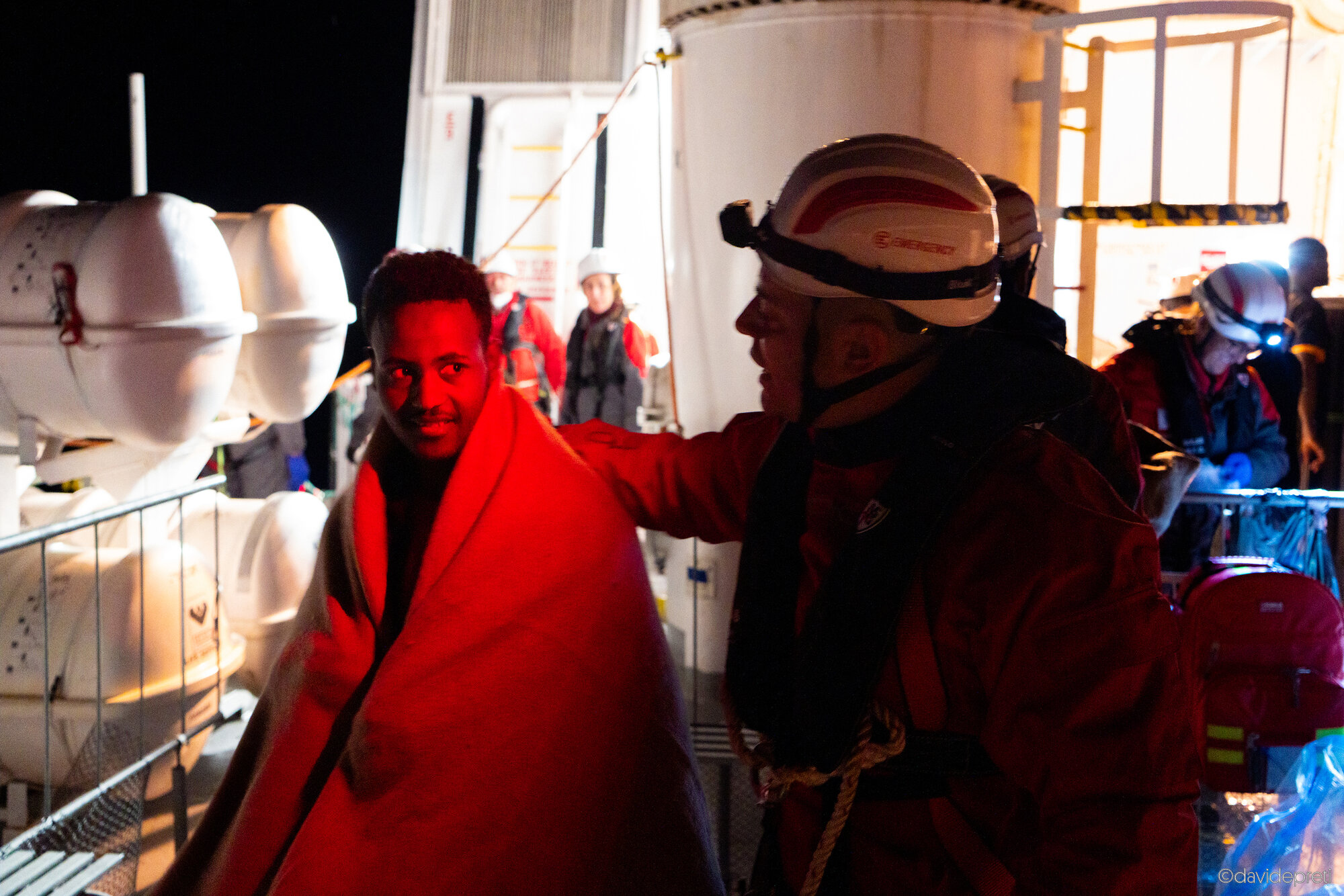 Central Mediterranean Sea — March 25, 2023.

In the Welcome Area, the doctor, together with nurses and cultural mediators, ascertains the castaways' medical conditions. The most common conditions found in the rescue are hypothermia, dehydration, muscle pain caused by the inability to move for more than 24 hours and burns from the mixture of sea water and petrol created inside the boat.
